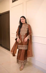 Lovely Brown Chinon Silk Embroidery Work Palazzo Suit