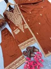 Lovely Brown Chinon Silk Embroidery Work Palazzo Suit