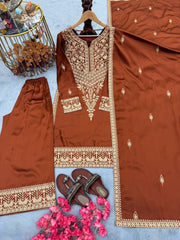 Lovely Brown Chinon Silk Embroidery Work Palazzo Suit