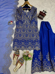 Stylish Blue Chinon Silk Sequence Work Palazzo Suit