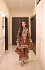 Gorgeous Brown Crepe Chinestich Palazzo Suit