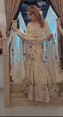 Trendy Cream Chinnon Sequence Work Sharara Suit