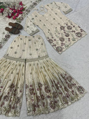 Trendy Cream Chinnon Sequence Work Sharara Suit
