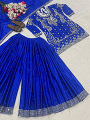 Gorgeous Blue Chinon Silk Sequence Work Sharara Suit