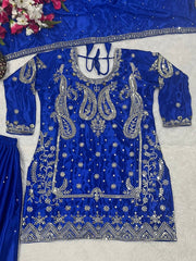 Gorgeous Blue Chinon Silk Sequence Work Sharara Suit