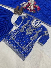 Gorgeous Blue Chinon Silk Sequence Work Sharara Suit