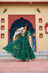 Gorgeous Green Georgette Kutchi Patchework Gown