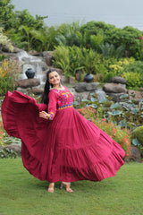 Attractive Maroon Reyon Kutchi Work Gown