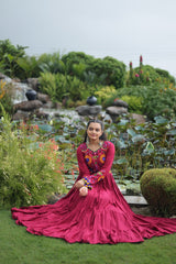 Attractive Maroon Reyon Kutchi Work Gown