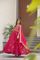 Lovely Pink Georgette Embroidery Work Gown