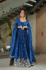 Trendy Blue Chinnon Zari Designer Gown