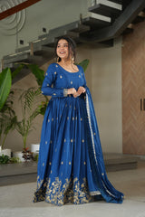 Trendy Blue Chinnon Zari Designer Gown