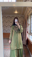 Trendy Green Fendy Silk Embroidery Work Sharara Suit