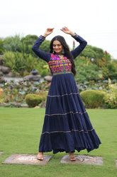 Ravishing Navy Blue Reyon Embroidered Gown