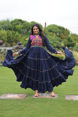 Ravishing Navy Blue Reyon Embroidered Gown
