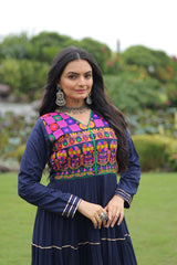 Ravishing Navy Blue Reyon Embroidered Gown