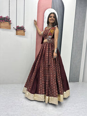 Alluring Brown Cotton Ajrakh Print Lehenga Choli For Navratri