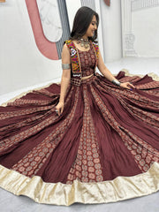 Alluring Brown Cotton Ajrakh Print Lehenga Choli For Navratri