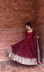 Glorious Maroon Fendy Silk Embroidery Anarkali Suit