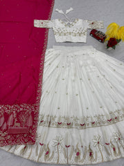 Ravishing White Vichitra Silk Embroidery Lehenga Choli
