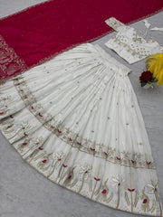 Ravishing White Vichitra Silk Embroidery Lehenga Choli