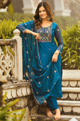 Lovely Teal Blue Reyon Embroidery Suit