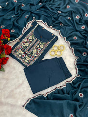 Lovely Teal Blue Reyon Embroidery Suit
