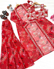 Trendy Red Georgette Digital Print Palazzo With Koti