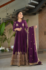 Trendy Purple Blooming Zari Work Gown