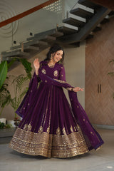 Trendy Purple Blooming Zari Work Gown