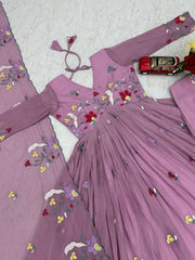 Lovely Lavender Georgette Thread Work Gown