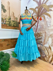 Attractive Sky Blue Chinon Embroidery Lehenga Choli With Koti