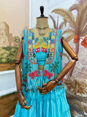 Attractive Sky Blue Chinon Embroidery Lehenga Choli With Koti