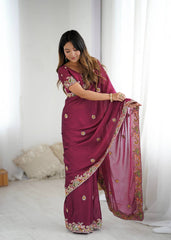Stylish Wine Crush Work Saree