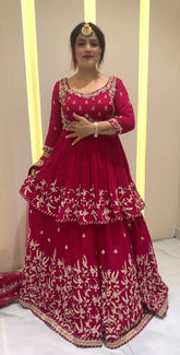 Ravishing Red Georgette Embroidery Work Lehenga Choli With Top