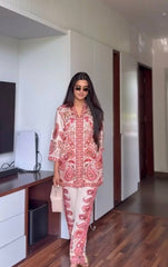 Trendy Red Satin Digital Print Co-ord Set