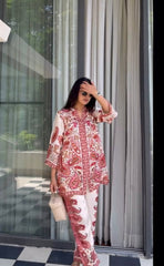 Trendy Red Satin Digital Print Co-ord Set