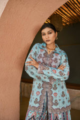 Trendy Sky Blue Chinon Silk Mirror Work Co-Ord Set