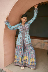 Trendy Sky Blue Chinon Silk Mirror Work Co-Ord Set