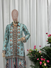 Trendy Sky Blue Chinon Silk Mirror Work Co-Ord Set