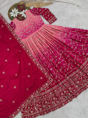 Ravishing Double Shaded Pink Chinon Silk Embroidery Work Gown