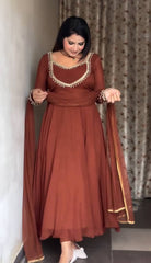 Marvelous Brown Georgette with Moti Work Gown