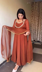 Marvelous Brown Georgette with Moti Work Gown