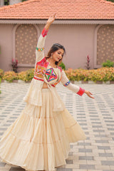 Pretty White Cotton Gamthi Work Navratri Lehenga Choli