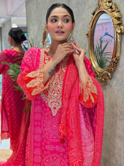 Designer Pink Crepe Embroidery Straight Salwar Suit