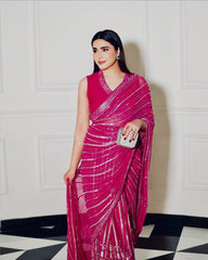 Awesome Pink Georgette Thread Work Saree