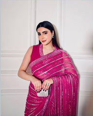 Awesome Pink Georgette Thread Work Saree