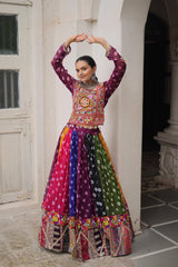 Pretty Multicolor Georgette Gamthi Work Lehenga Choli For Navratri Wear