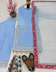 Lovely Sky Blue Georgette Embroidered Punjabi Style Salwar Suit