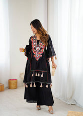 Pretty Black Khadi Cotton Embroidery Work Co-ord Set